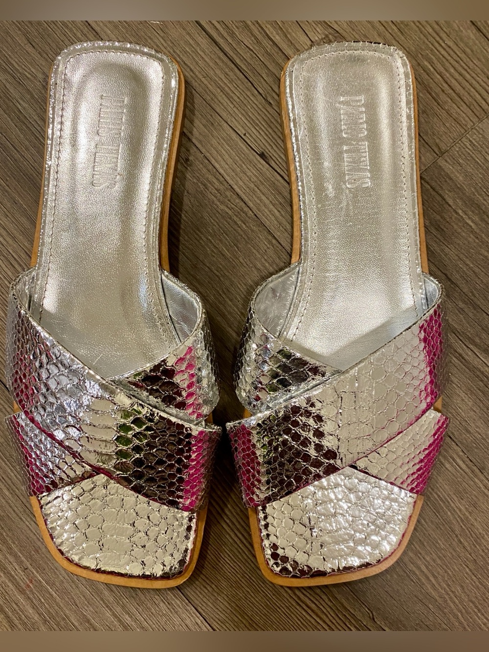 Paris Texas Metallic Silver Leather Snake-Embossed Slide Mules